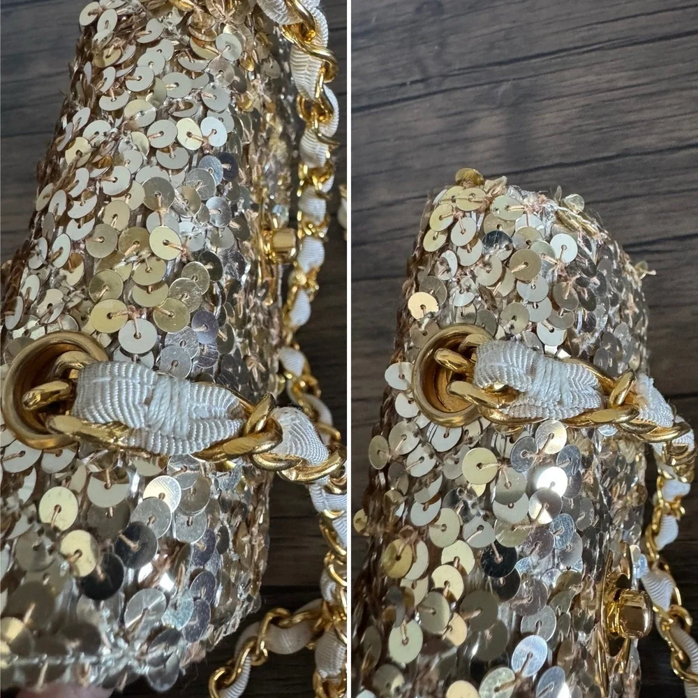Vintage Chanel Micro Half Flap bag in gold sequin, ribbed satin, gold hardware